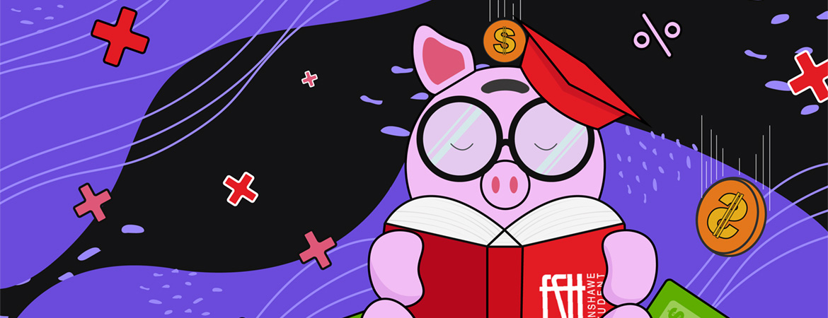 Illustration of a piggy bank cartoon character reading a book, sitting on a stack of books, with a calculator, money and mathematical symbols in the background