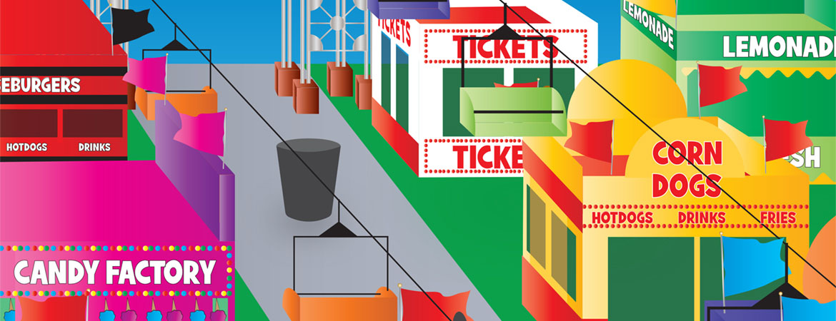 Illustration of food and game booths at the Western Fair.