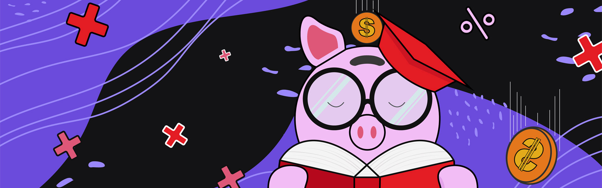 Illustration of a piggy bank cartoon character reading a book, sitting on a stack of books, with a calculator, money and mathematical symbols in the background.