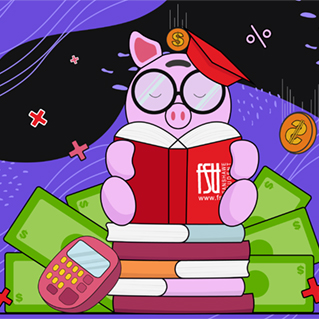 Illustration of a piggy bank cartoon character reading a book, sitting on a stack of books, with a calculator, money and mathematical symbols in the background