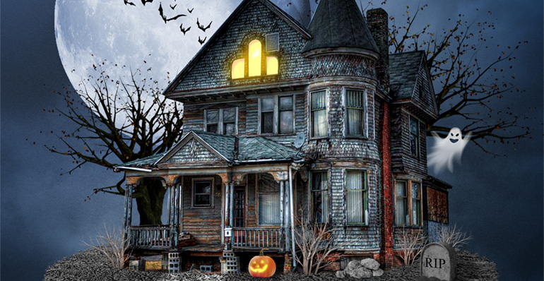 Illustration of a floating haunted house and full moon with a ghost, headstone, jack o'lantern and bats