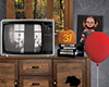 A red balloon, a Chucky doll, an old tube TV with hands pressed against a window showing and an illustration of a stack of VHS tapes with a pumpkin on top with the number thirty-one carved into it.