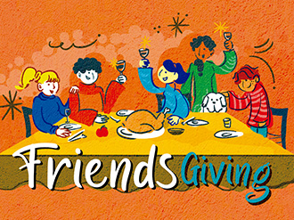 An illustration of a group of people gathered around a dinner table. The table has a turkey on it. The word Friendsgiving is displayed.