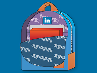 An illustration of backpacks with Linkedin branding on them.