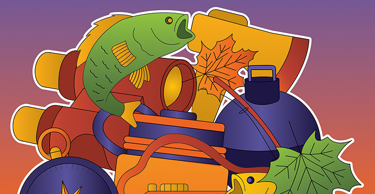 An illustration of Fall related items, such as leafs and fishing.