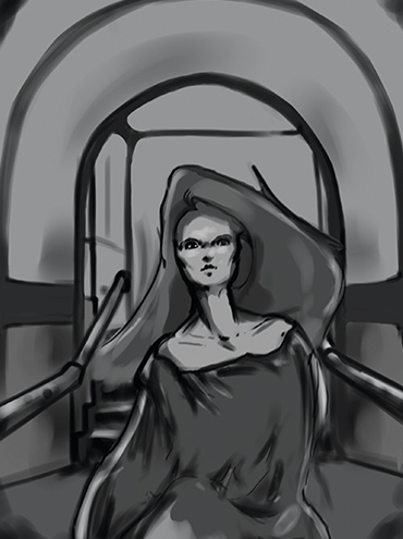 A black and white illustration of a ghostly looking individual.