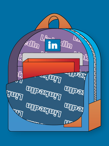 An illustration of backpacks with Linkedin branding on them.