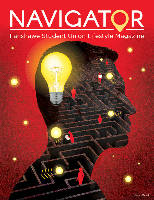 Fall 2024 cover of the Navigator containing an illustration of the silhouette of a head with a lightbulb and people walking through a maze inside of it. Text states: Navigator London's Student Lifestyle Magazine