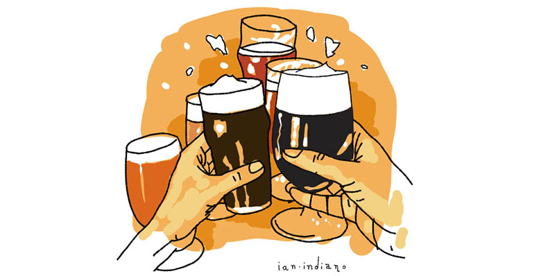 Illustration of hands holding glasses of beer and clinking glasses.