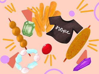 Artwork of various market items, including food, crystals and a t-shirt.