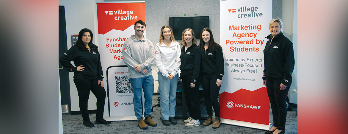 A photo of students and staff at Village Creative in Innovation Village at Fanshawe.