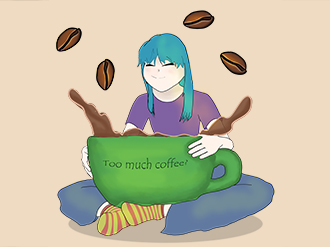 Artwork of someone holding a large mug with the words, too much coffee? written on it.