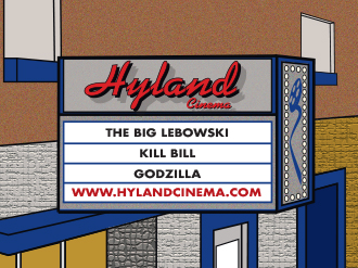 Digital artwork of the exterior of Hyland Cinema, with movies like Godzilla and E.T. displayed on the marquee.