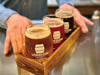 A photo of pints of beer with the London Brewing Co-op logo.