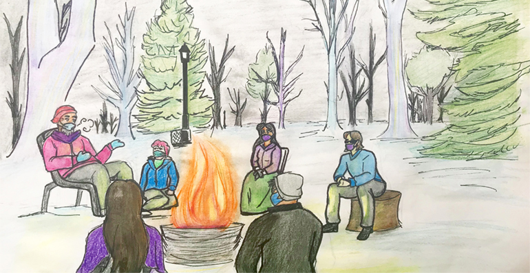 Illustration of people sitting around a fire telling stories