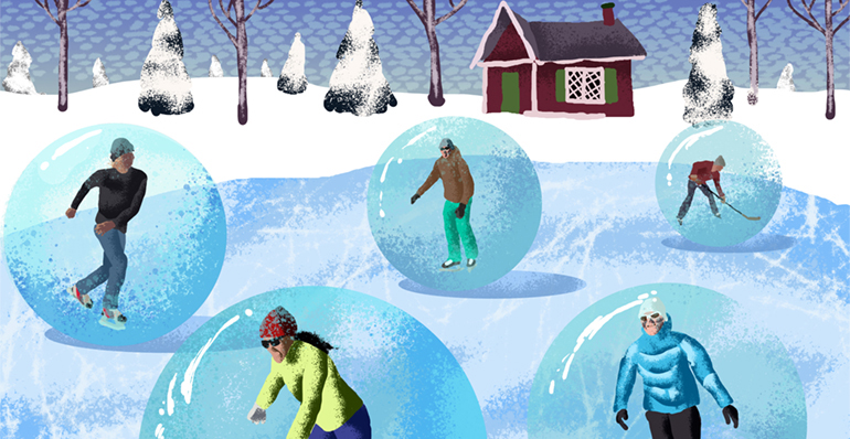 Illustration of people skating in bubbles at Victoria Park